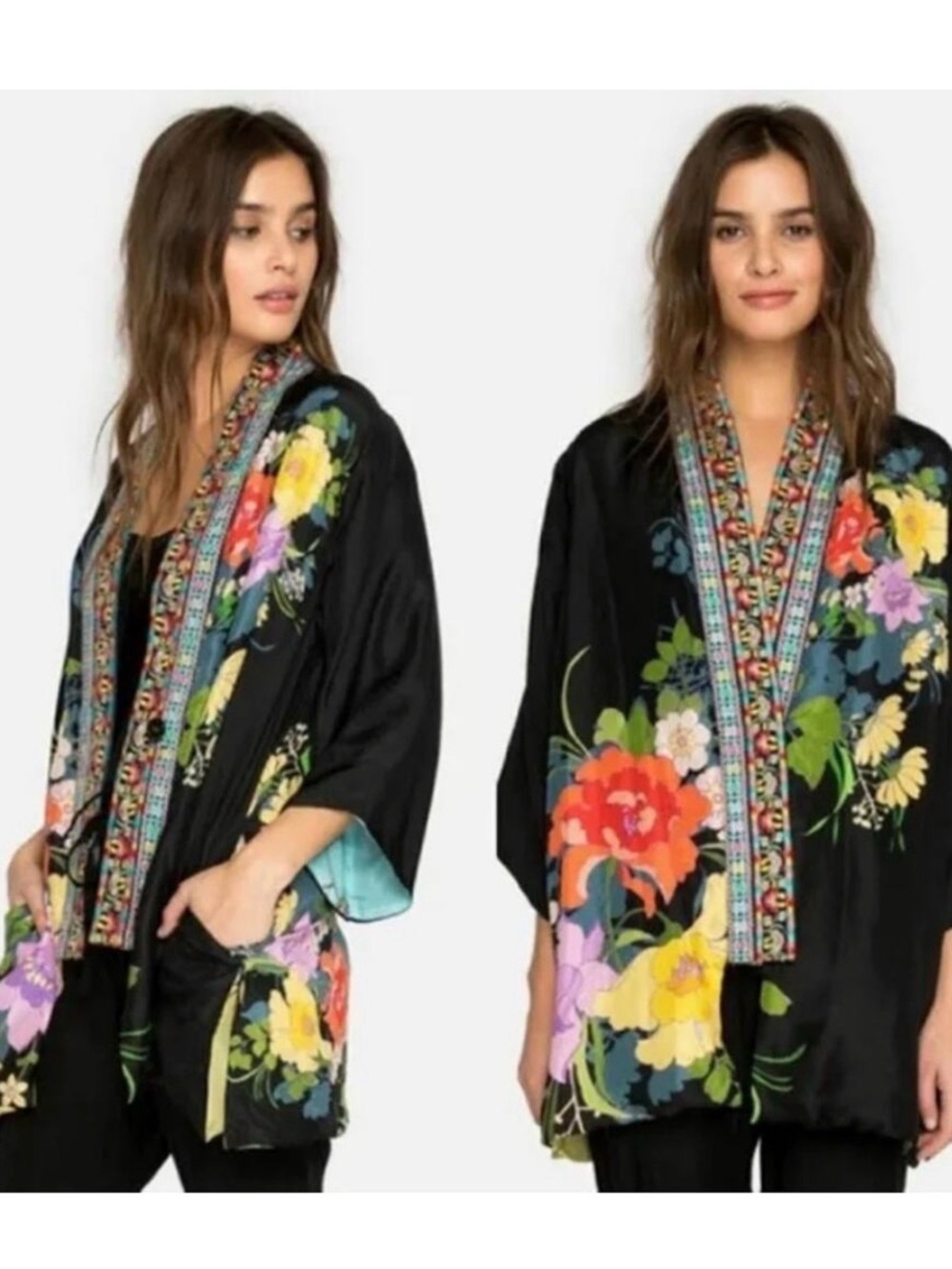 Johnny Was Fuska Reversible Black Floral Embroidered Kimono Jacket